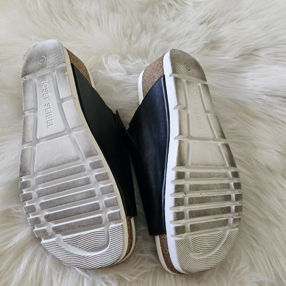 Josef Seibel Black Leather Slide Mule with Cork Wedge and White Outsole - Picture 11 of 12